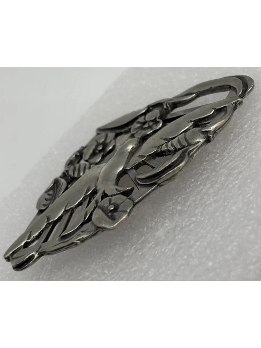 Vintage Bird in Flight Floral Fan Brooch Seagull Pewter Canada Late 1980s Signed